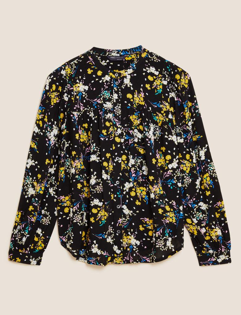 Kadın Siyah Regular Fit Çiçek Desenli Bluz