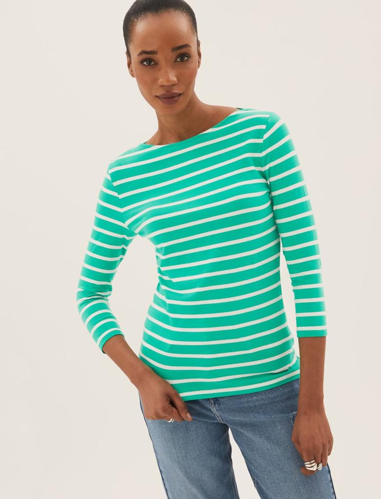 Kadın Yeşil Fitted Fit Çizgili T-Shirt