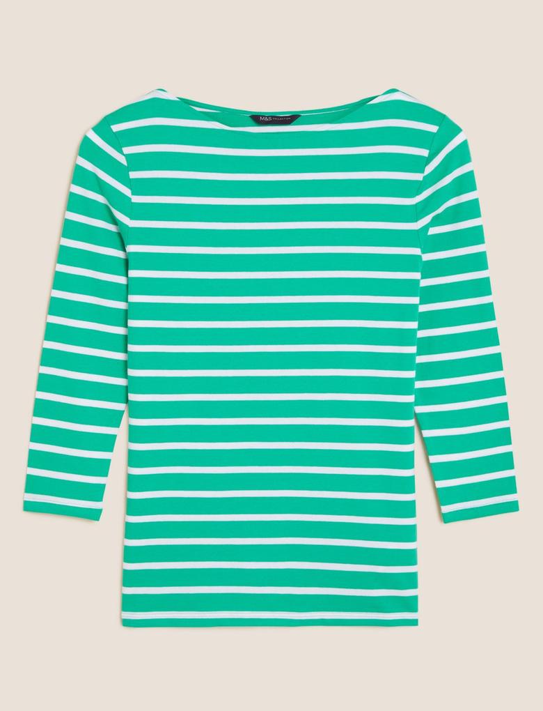 Kadın Yeşil Fitted Fit Çizgili T-Shirt