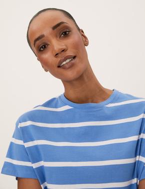 Kadın Mavi Saf Pamuklu Midi T-Shirt Elbise