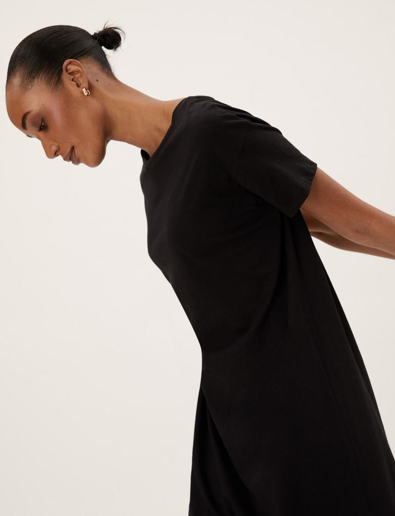 Kadın Siyah Saf Pamuklu Mini T-Shirt Elbise
