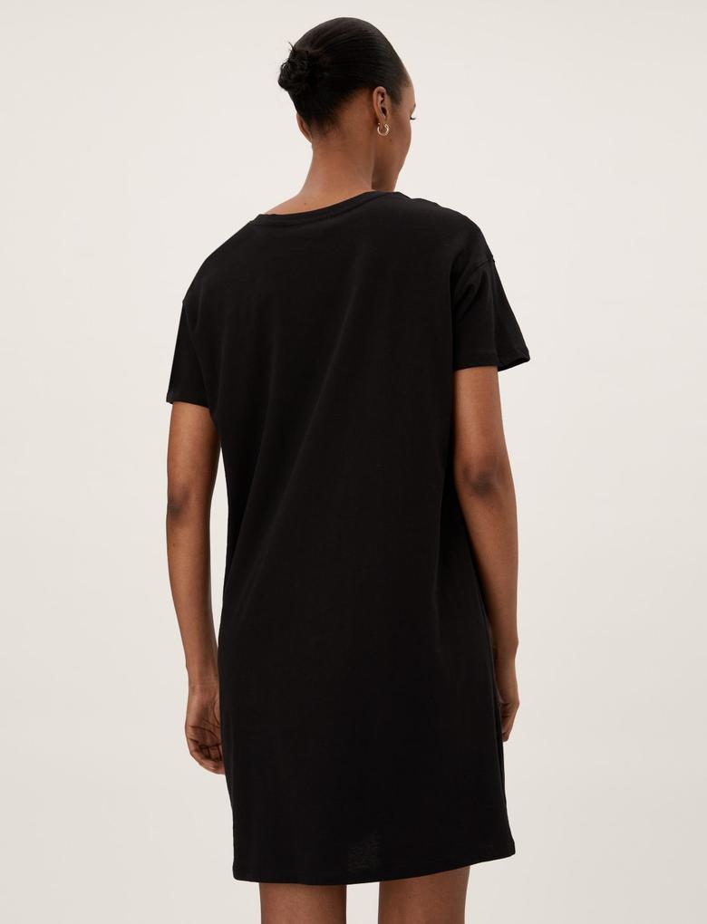 Kadın Siyah Saf Pamuklu Mini T-Shirt Elbise