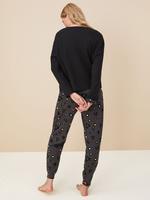 Kadın Siyah Kalp Desenli Uzun Kollu Pijama Takımı