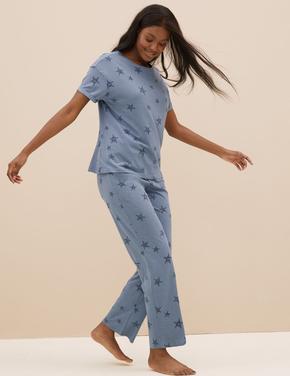 Kadın Mavi Yıldız Desenli Kısa Kollu Pijama Takımı