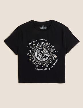 Kız Çocuk Siyah Saf Pamuklu Kısa Kollu T-Shirt