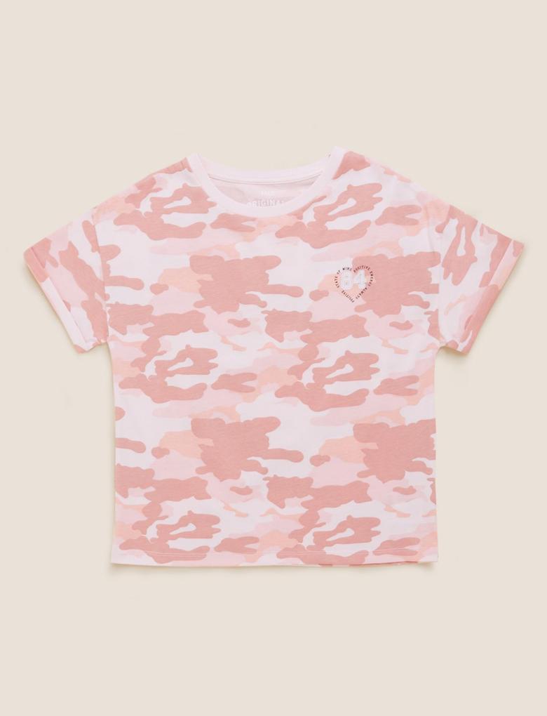 Kız Çocuk Pembe Saf Pamuklu Kamuflaj Desenli T-Shirt