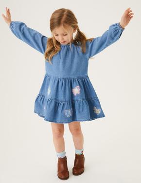 Kız Çocuk Mavi Saf Pamuklu Kelebek Desenli Denim Elbise