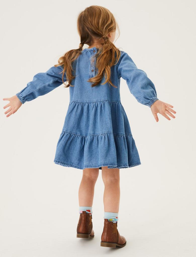 Kız Çocuk Mavi Saf Pamuklu Kelebek Desenli Denim Elbise