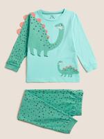 Çocuk Yeşil Saf Pamuklu Dinozor Desenli Pijama Takımı (1-7 Yaş)