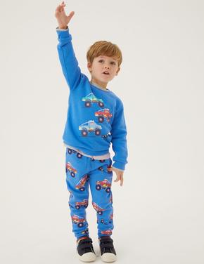 Erkek Çocuk Mavi Canavar Kamyon Desenli Sweatshirt (2-7 Yaş)