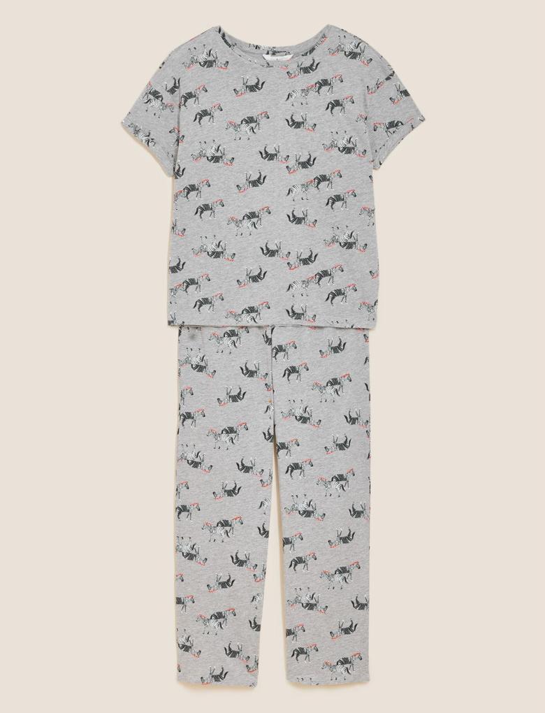Kadın Gri Zebra Desenli Kısa Kollu Pijama Takımı