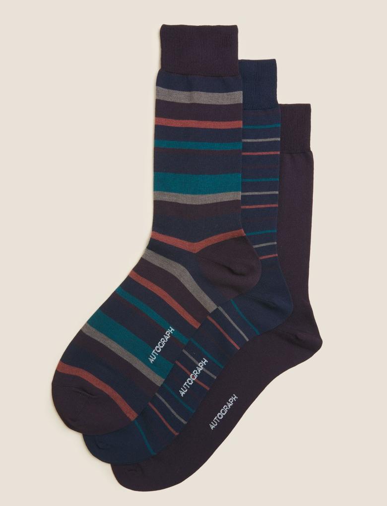 Erkek Multi Renk 3'lü Çizgili Çorap Seti