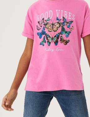 Kız Çocuk Pembe Saf Pamuklu Kelebek Desenli T-Shirt (6-16 Yaş)