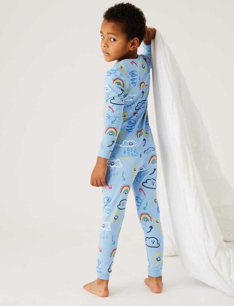 Çocuk Mavi Grafik Desenli Uzun Kollu Pijama Takımı (1-7 Yaş)