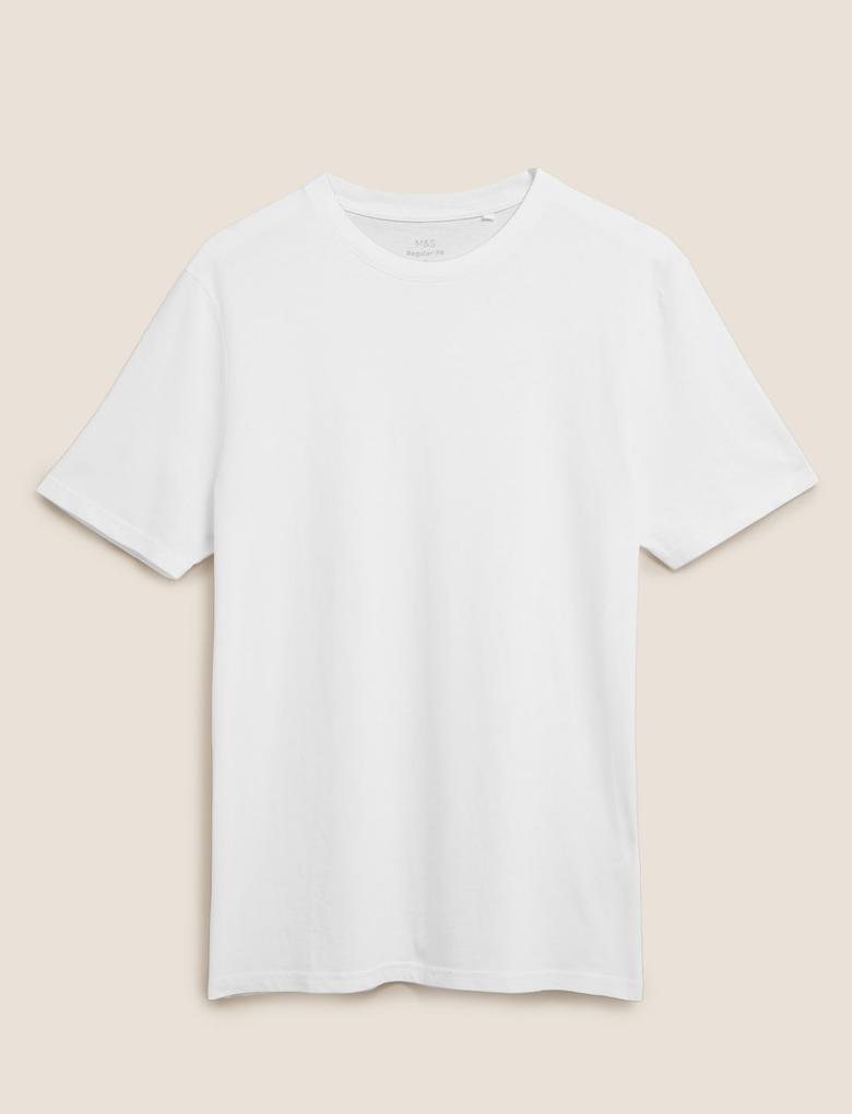 Erkek Beyaz Saf Pamuklu Yuvarlak Yaka T-Shirt
