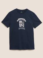 Erkek Lacivert Saf Pamuklu Grafik Desenli T-Shirt