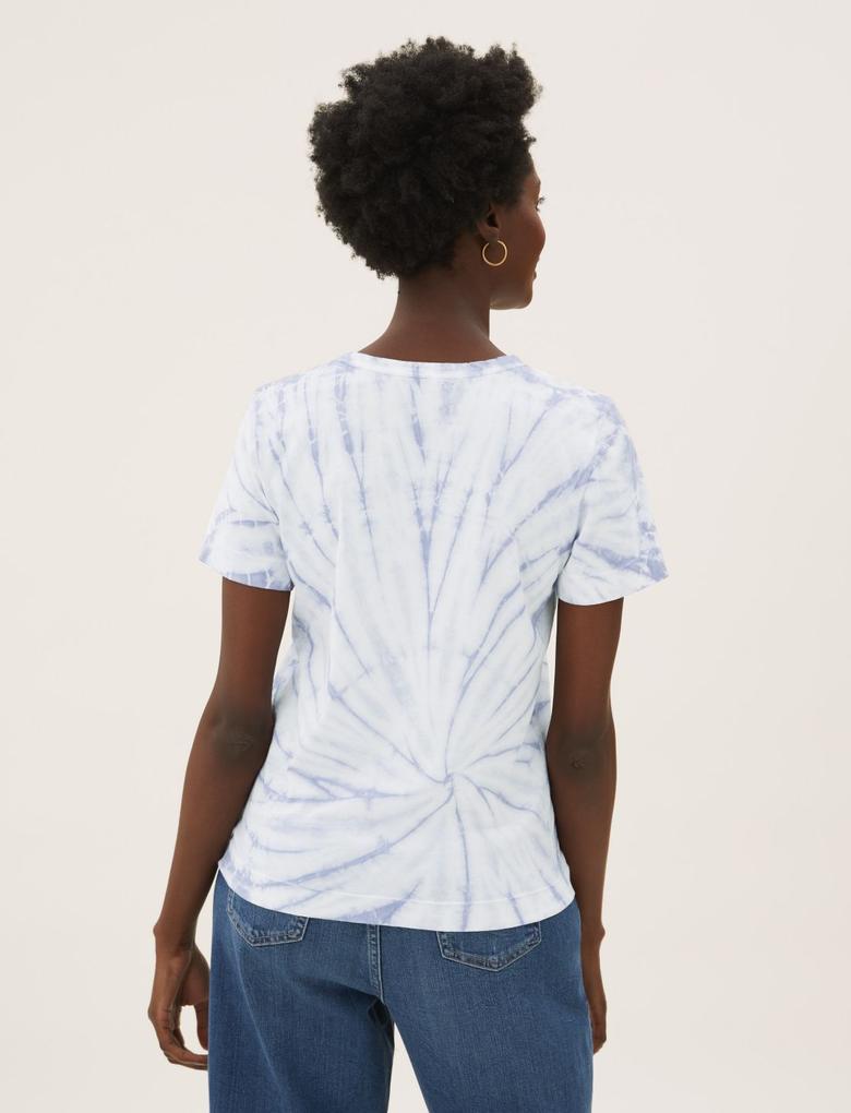 Kadın Mavi Saf Pamuklu Batik Desenli T-Shirt
