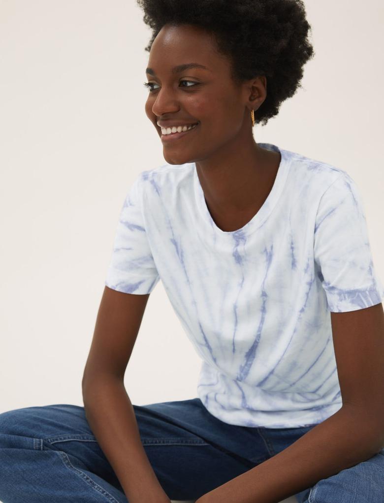 Kadın Mavi Saf Pamuklu Batik Desenli T-Shirt