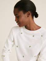 Kadın Krem Saf Pamuklu İşleme Detaylı Sweatshirt