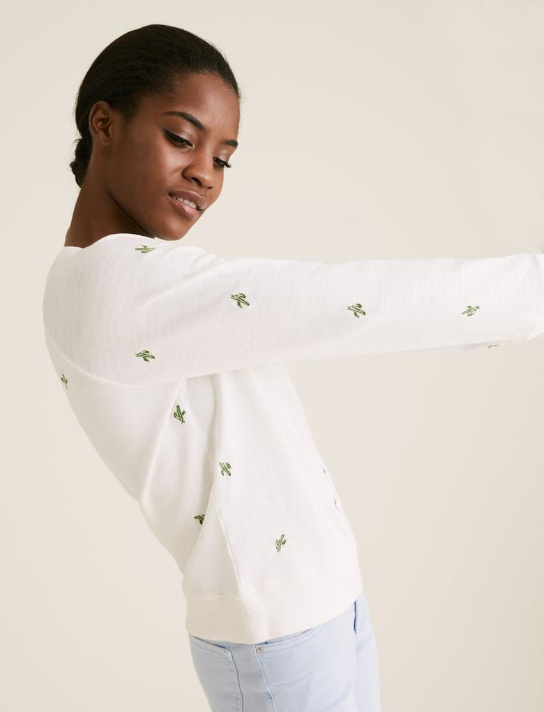 Kadın Krem Saf Pamuklu İşleme Detaylı Sweatshirt