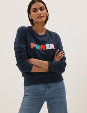 Kadın Lacivert Slogan Detaylı Yuvarlak Yaka Sweatshirt