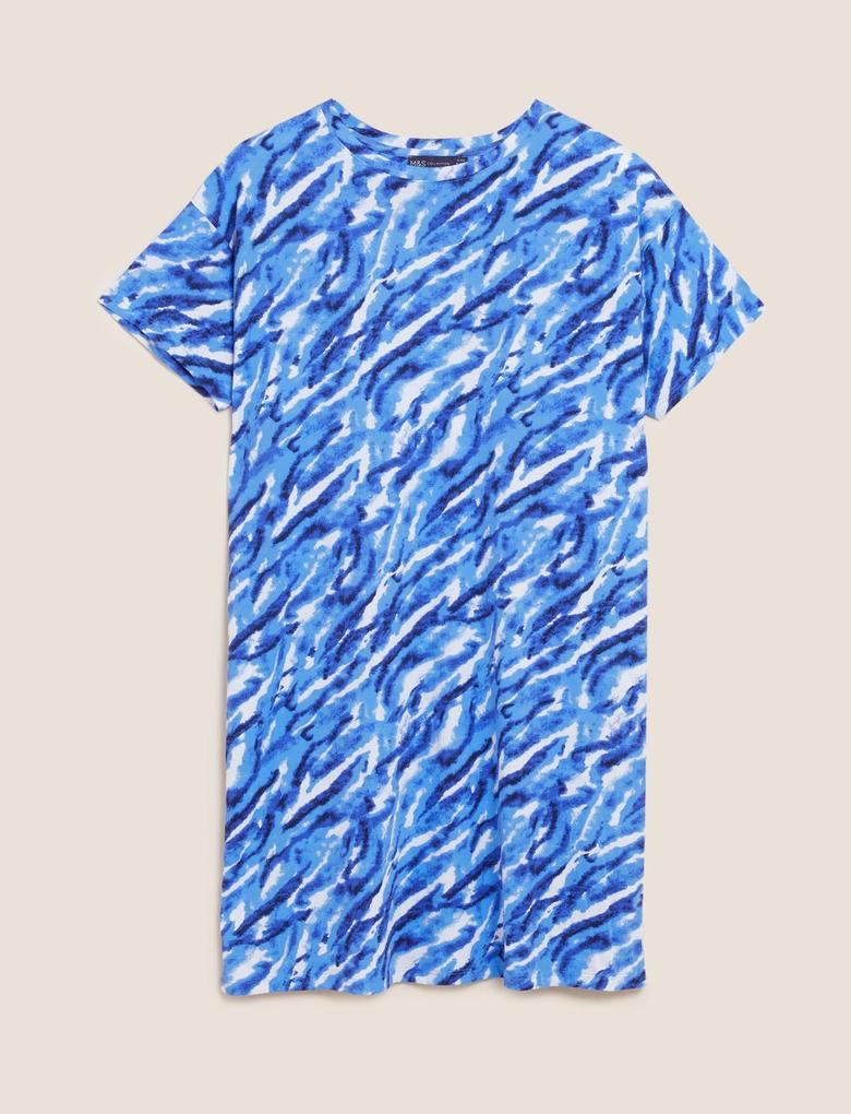 Kadın Mavi Saf Pamuklu Mini T-Shirt Elbise