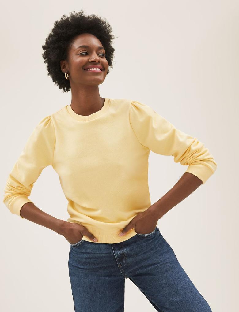 Kadın Sarı Büzgü Detaylı Yuvarlak Yaka Sweatshirt