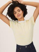 Kadın Sarı Saf Pamuklu Çizgili T-Shirt