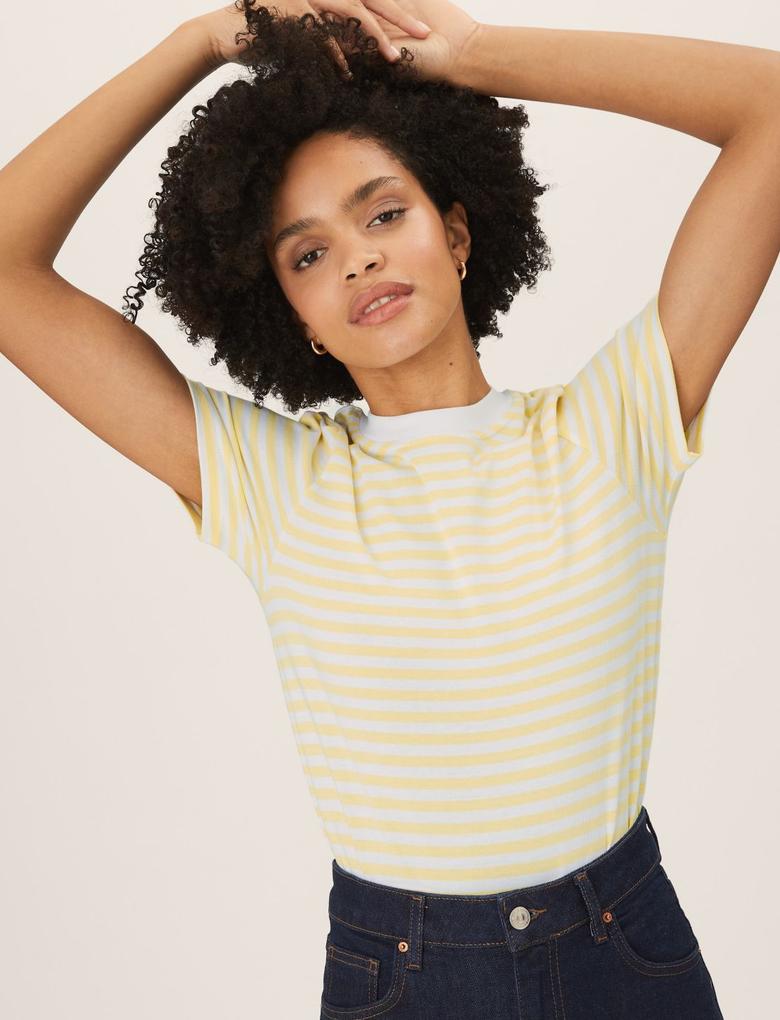 Kadın Sarı Saf Pamuklu Çizgili T-Shirt