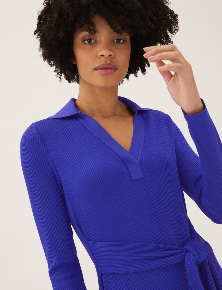 Kadın Mavi Regular Fit V Yaka Midi Elbise