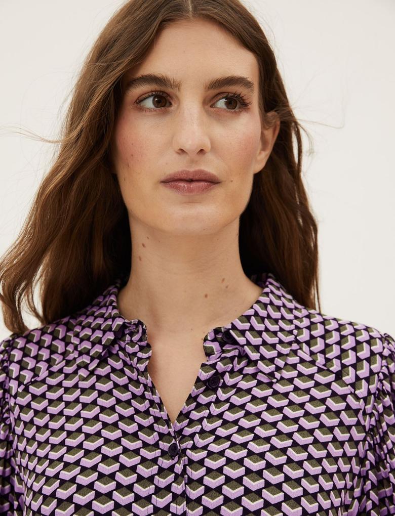 Kadın Bordo Geometrik Desenli Midi Gömlek Elbise