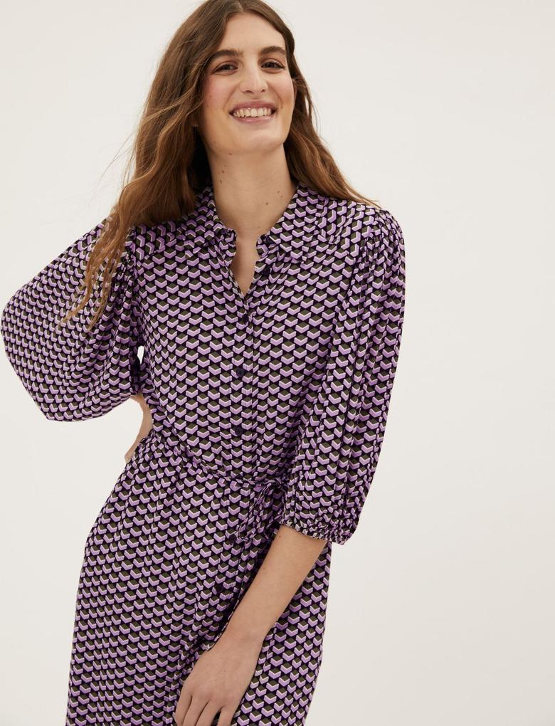 Kadın Bordo Geometrik Desenli Midi Gömlek Elbise