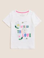 Kız Çocuk Beyaz Saf Pamuklu Grafik Desenli T-Shirt