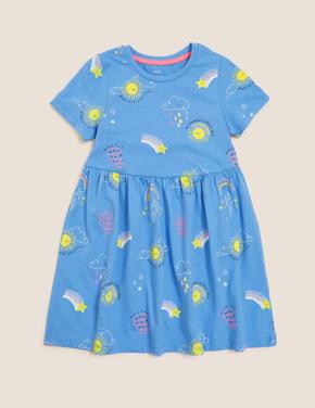Kız Çocuk Mavi Saf Pamuklu Grafik Desenli Elbise