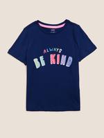 Kız Çocuk Lacivert Saf Pamuklu Slogan Detaylı T-Shirt (2-7 Yaş)