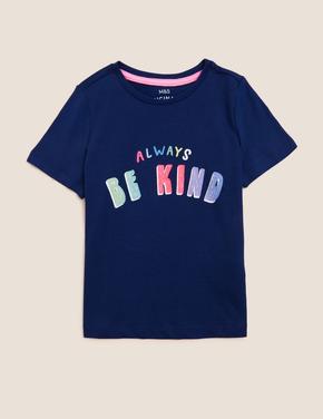 Kız Çocuk Lacivert Saf Pamuklu Slogan Detaylı T-Shirt (2-7 Yaş)