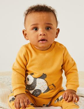 Bebek Sarı Panda Desenli Yuvarlak Yaka Sweatshirt (0-3 Yaş)
