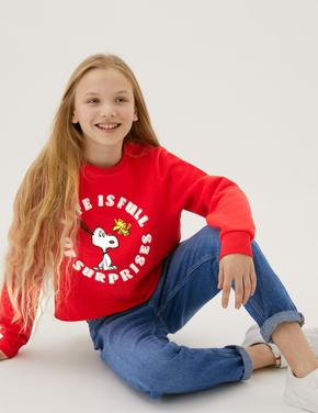 Kız Çocuk Kırmızı Snoopy™ Yuvarlak Yaka Sweatshirt (6-16 Yaş)