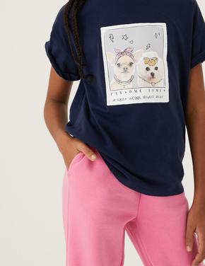 Kız Çocuk Lacivert Saf Pamuklu Kısa Kollu T-Shirt (6-16 Yaş)