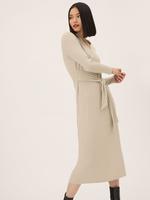 Kadın Bej Regular Fit V Yaka Midi Elbise