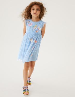 Kız Çocuk Mavi Kelebek Detaylı Mini Elbise (2-7 Yaş)
