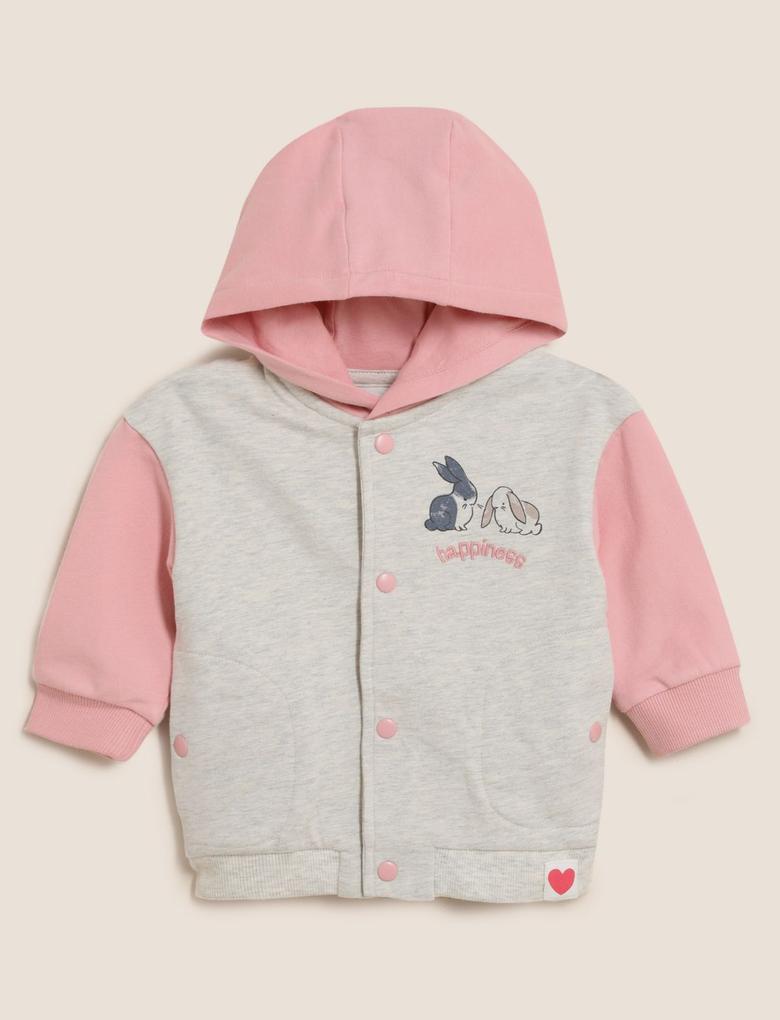 Bebek Pembe Grafik Desenli Kapüşonlu Ceket (0-3 Yaş)