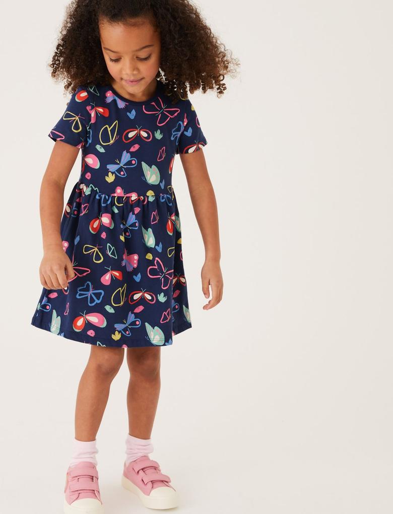 Kız Çocuk Lacivert Saf Pamuklu Kelebek Desenli Elbise (2-7 Yaş)