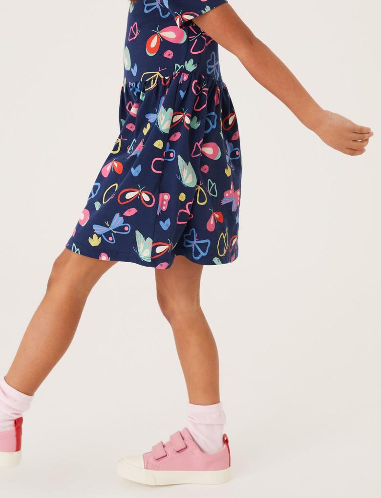 Kız Çocuk Lacivert Saf Pamuklu Kelebek Desenli Elbise (2-7 Yaş)