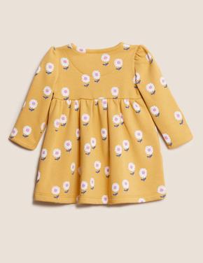 Bebek Sarı Çiçek Desenli Uzun Kollu Elbise (0-3 Yaş)