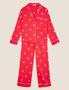 Kadın Kırmızı Kalp Desenli Uzun Kollu Pijama Takımı