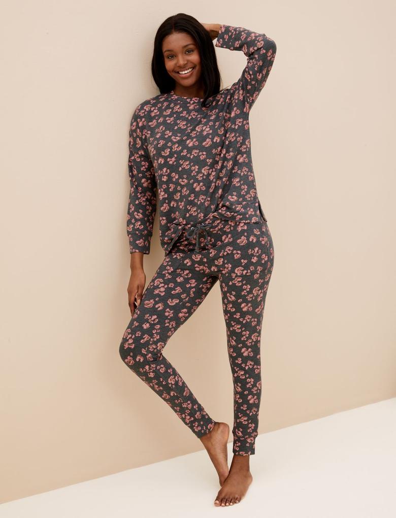 Kadın Gri Flexifit™ Leopar Desenli Legging Pijama Altı