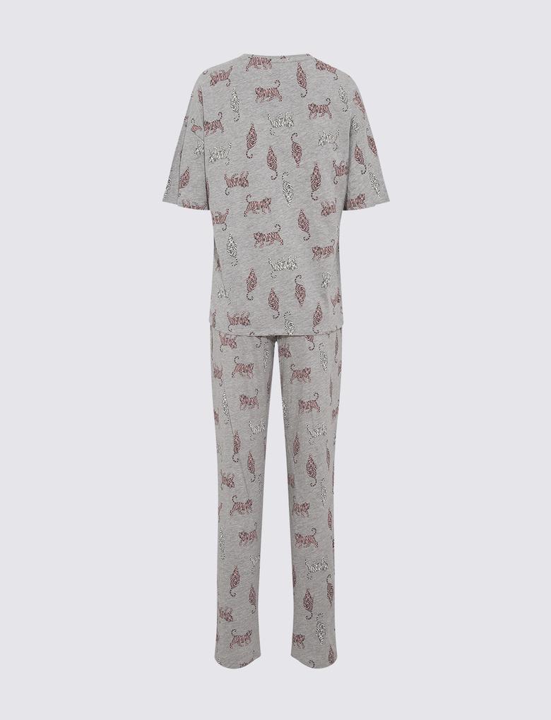 Kadın Gri Leopar Desenli Kısa Kollu Pijama Takımı