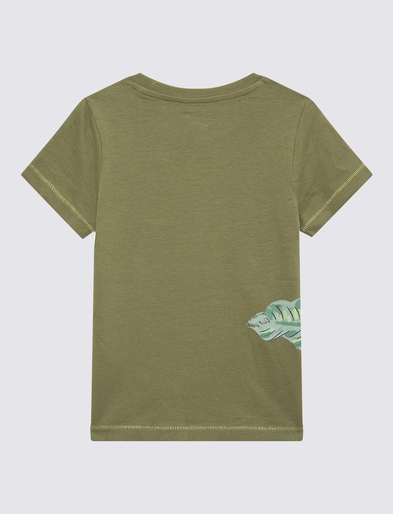 Erkek Çocuk Yeşil Saf Pamuklu Kısa Kollu T-Shirt
