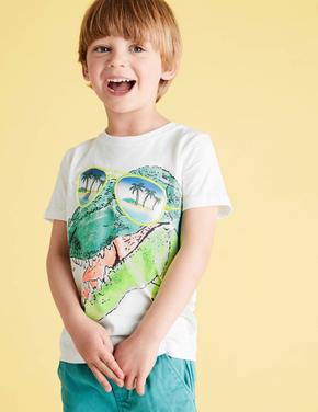 Erkek Çocuk Beyaz Saf Pamuklu Dinozor Desenli T-Shirt (2-7 Yaş)